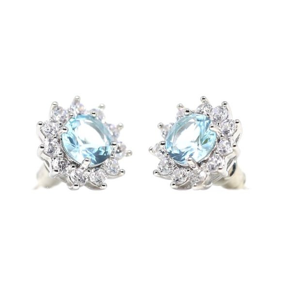 18k Gold Dipped Halo Blue Aqua Topaz Earring Studs - Picture 9 of 9